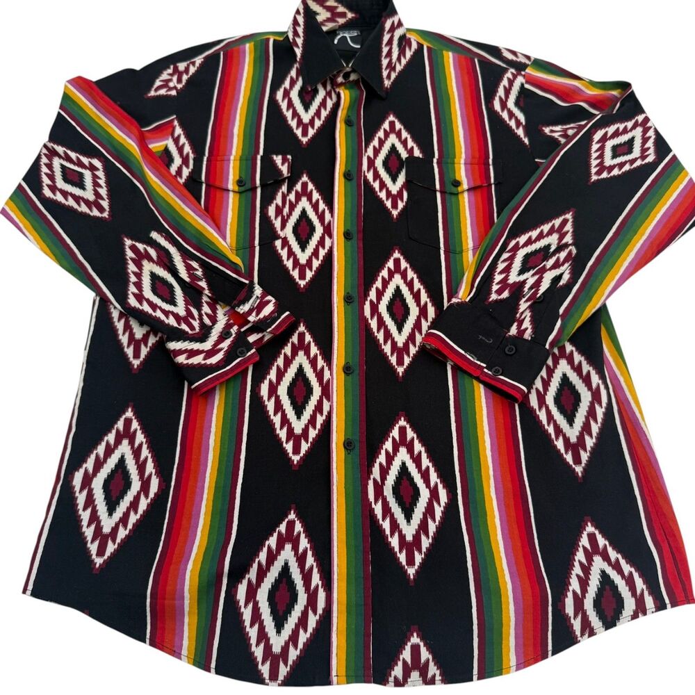 Vintage 90s Roper Western Shirt Large Made in USA Aztec Serape Southwestern
